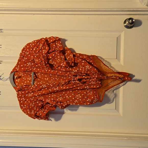 Free People Call Me Later Floral Ruffle Printed Bodysuit Sz M Color Orange/White - Picture 2 of 12